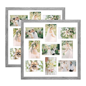 17x17 Collage Frame with 9 Openings 4X6 Pictures, Multiple Picture Frame with Mat, Wall or Tabletop Decor, Grey Wood