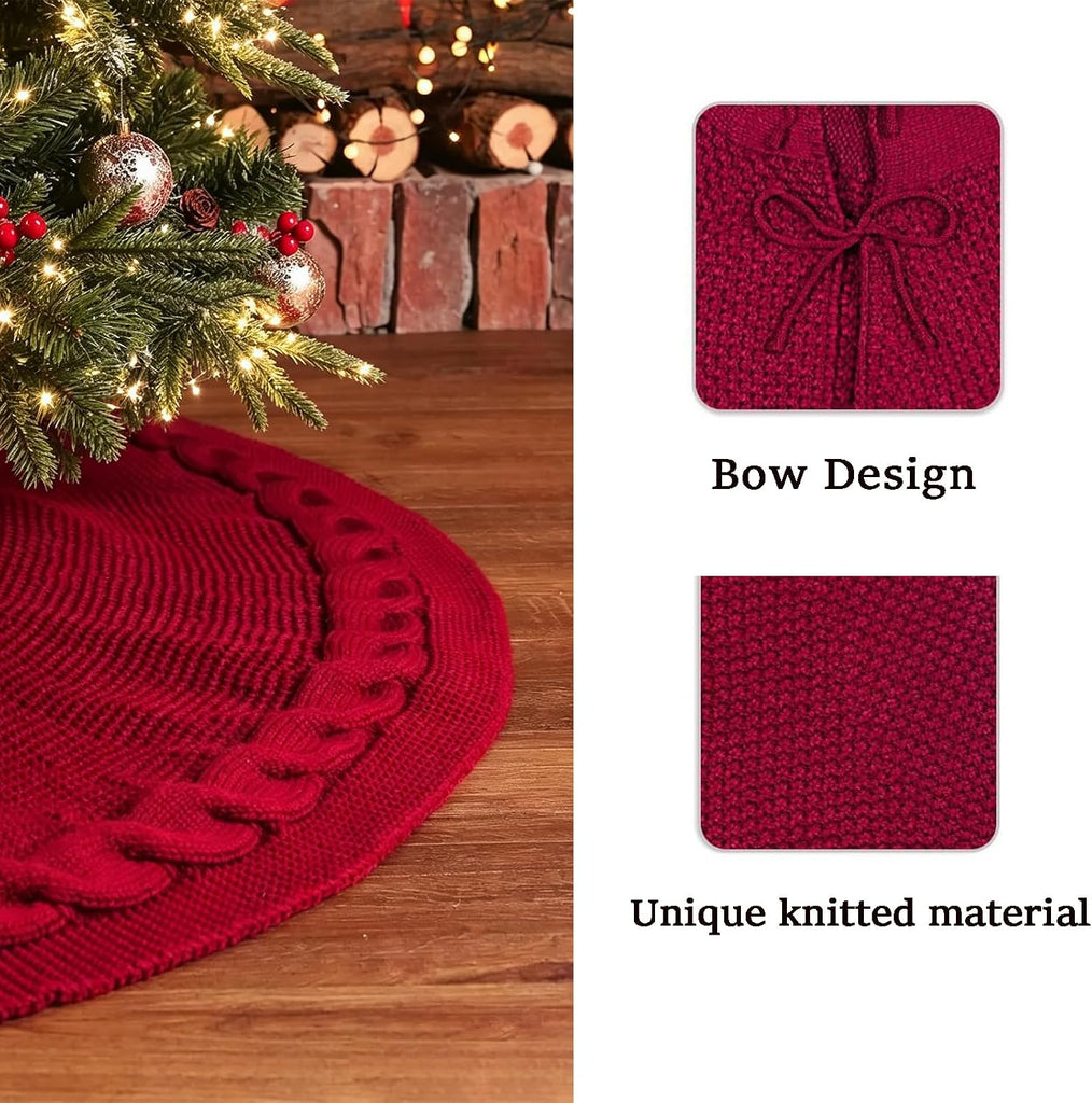 48 Inch Knitted Christmas Tree Skirt, Maroon Burgundy Red Versatile Holiday Decoration for Living Rooms, Weddings