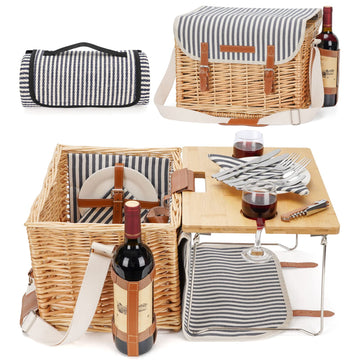 Wicker Picnic Basket for 2 with Detachable Table, Wine Holder