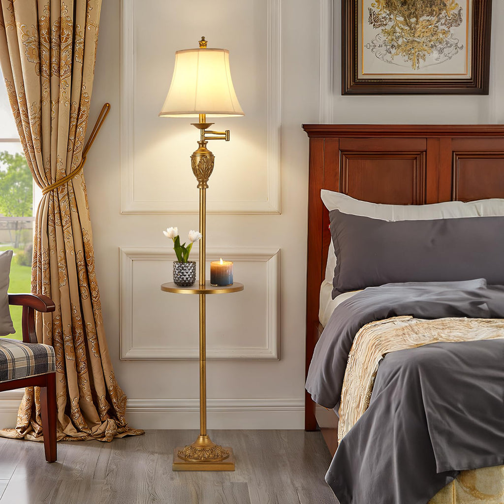 Traditional Floor Lamp with Tray, Remote Dimmable, 350° Swing Arm and Gold