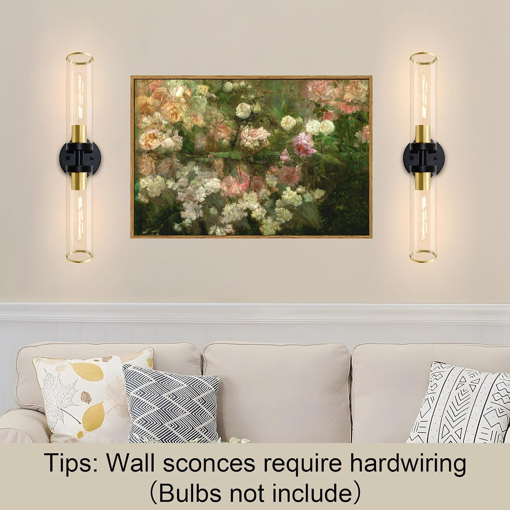 Wall Sconces Set of Two, Black and Gold Bathroom Wall Sconces with Clear Glass,Hardwired Modern Sconces Wall Decor