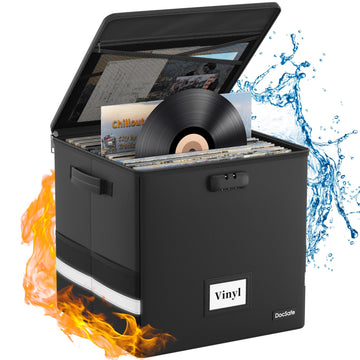 Vinyl Record Storage Box with Lock, Fireproof&Water Resistant Record Organizer Storage for 100+ Single