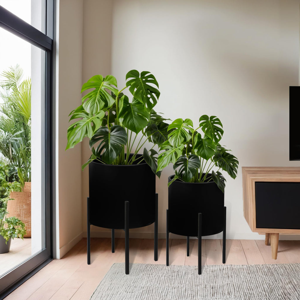 Modern Plant Pots, Large Planters with Stand, Set of 2 Decorative Planters, Metal Plant Pots with Drainage Holes