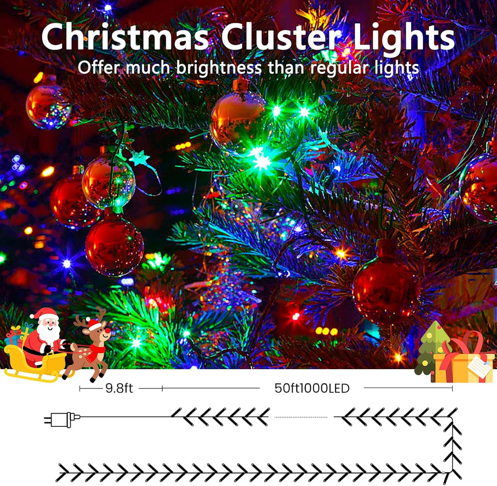 50FT 1000LED Cluster Christmas Lights with Remote, Multicolor