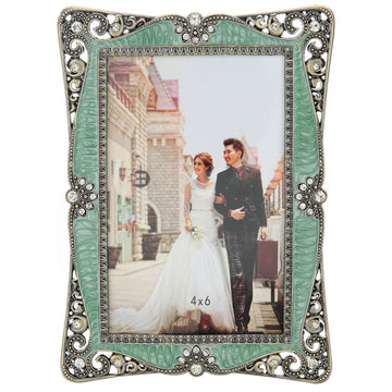 4x6 Vintage Picture Frame with Brass-Green Metal Diamond Decoration, Clear Glass Front Cover, Ornate Antique Art, Unique
