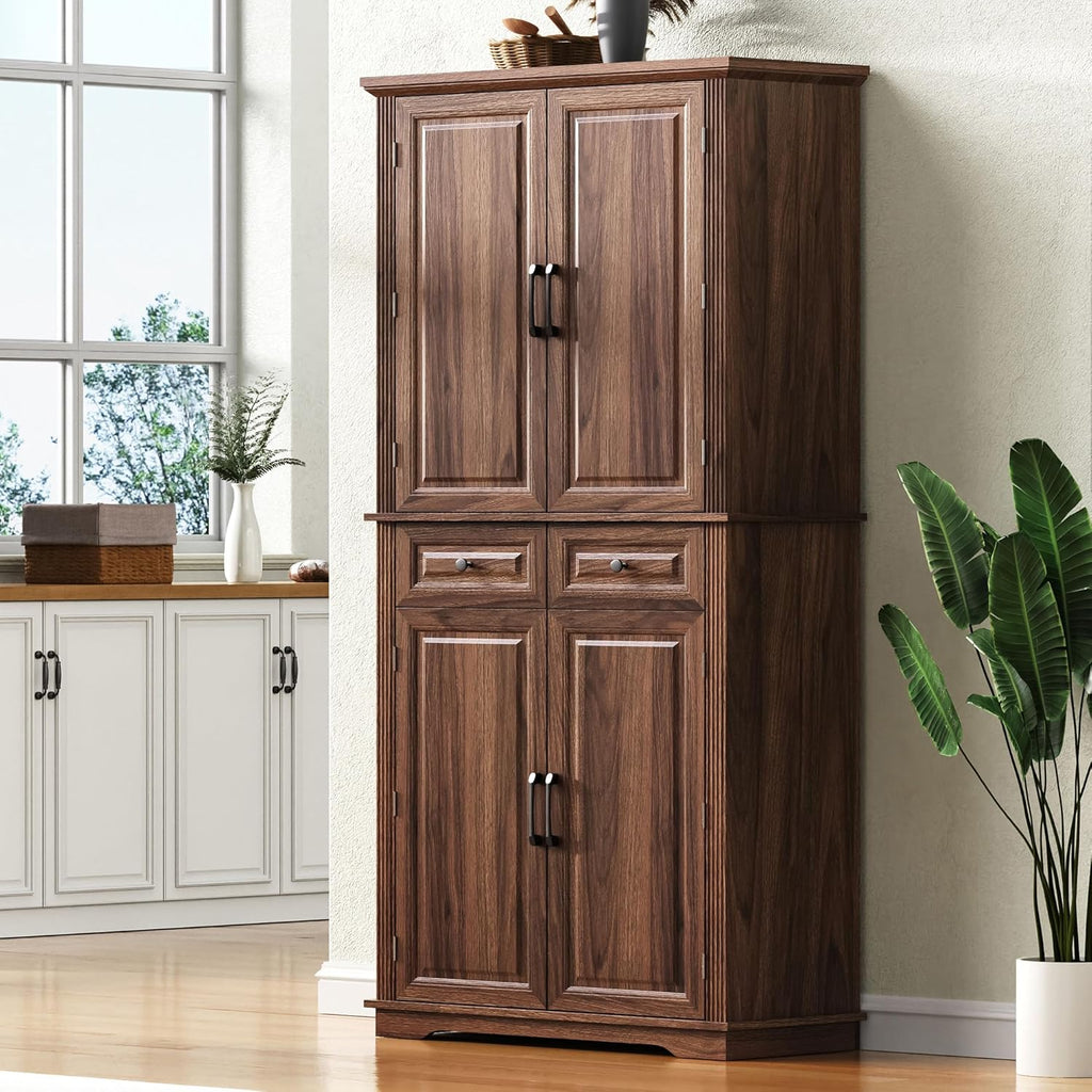 71" Tall Farmhouse Pantry Cabinet with Pull-Out Shelves, Brown | Farmhouse Pantry Cabinet, Pull-Out Organizers, Door