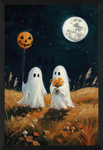 Halloween Ghost Canvas Wall Art Cute Ghost Pumpkin Moon Landscape Vintage Farmhouse Framed Wall Decor Hallway Autumn