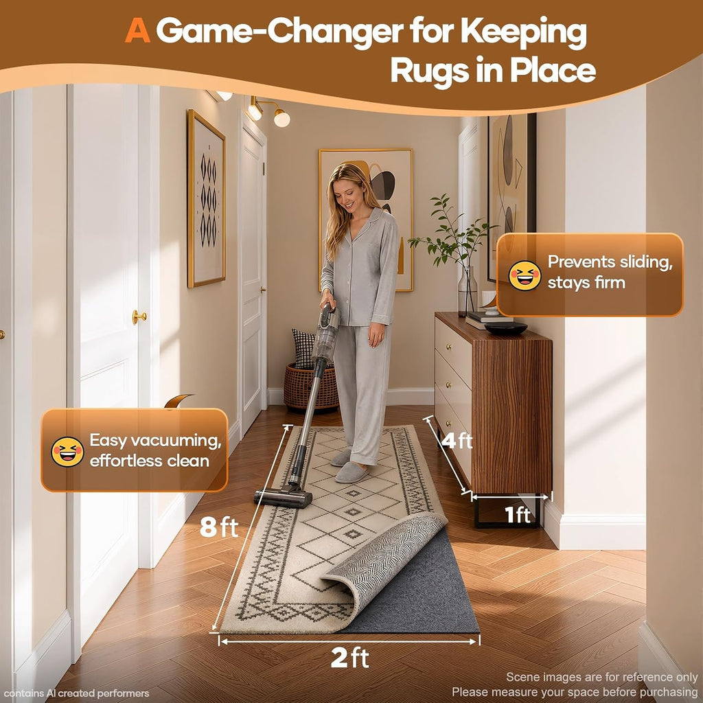 Non Slip Cushioned Rug Pad Gripper, Felt and Silicone Backing, 2 x 8 Ft, 1/4 inch Thick Runner Carpet Liner Protector - Set of 99