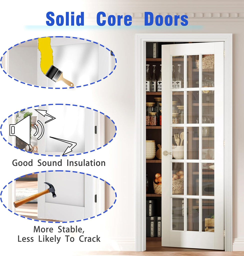 French Door, 32" x 80", 15-Lite Clear Glass, Prehung Interior Door, Right-Handed, White MDF with Door Jamb & Hardware
