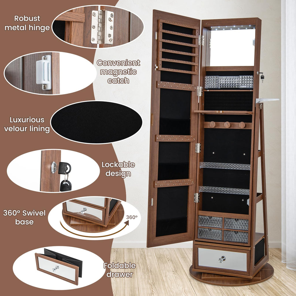 360 Rotating Jewelry Cabinet with Full Length Mirror, Standing LED Jewelry Armoire, Lockable Organizer with Hair