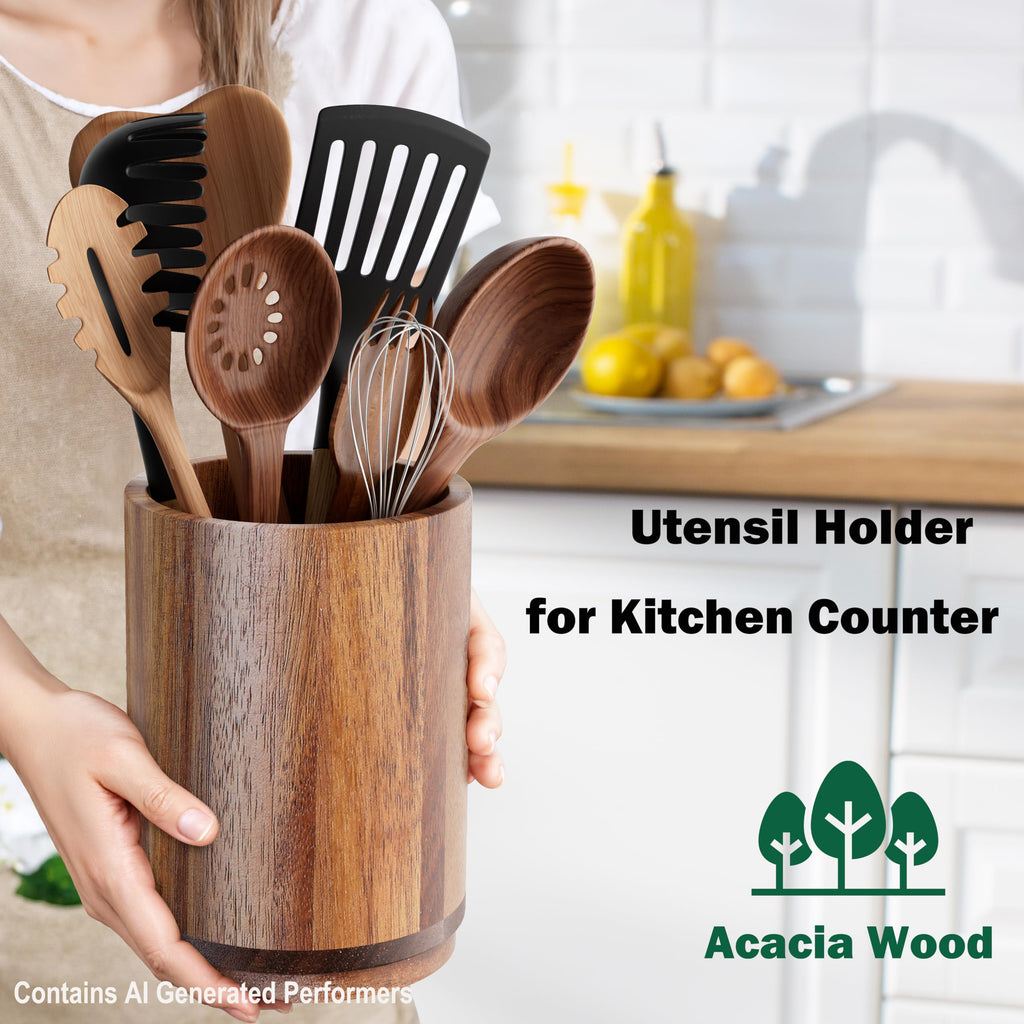 Utensil Holder, Acacia Wood Kitchen Utensil Holder for Countertop, 360°Rotating Cooking Utensil Crock Counter, 7.2"