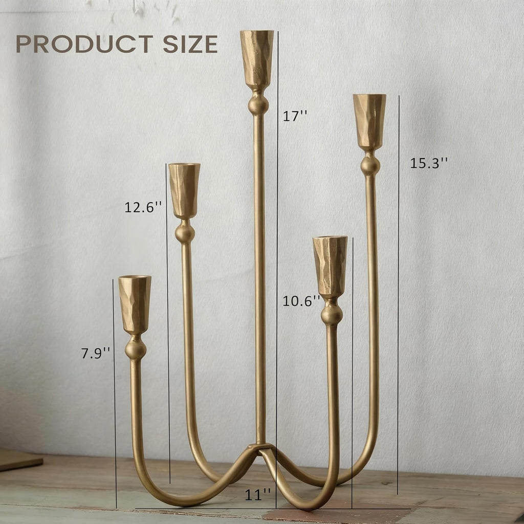 Large Iron Candelabra Centerpieces for Tables, 17.7'' Tall Taper Candle Holders, Vintage Brass Gold Candlestick