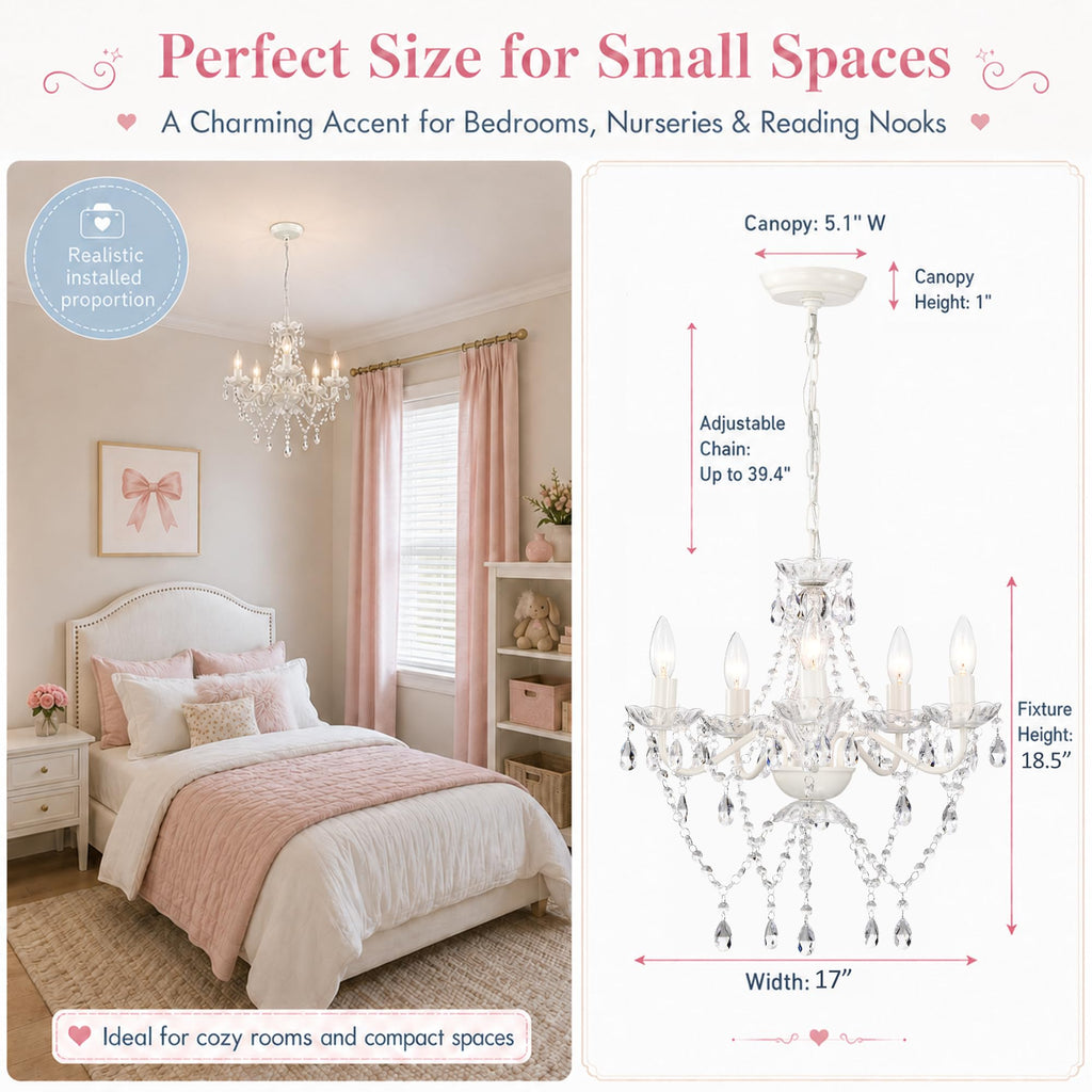 Small White Crystal Chandelier, 5-Light Acrylic Crystal