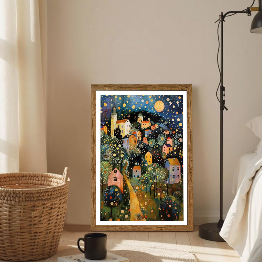 Gustav Klimt Style Village Night Wall Art Framed Canvas 16x24 inch