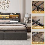 Queen Bed Frame with Storage Drawers, Upholstered Headboard with LED Light & Charging Station