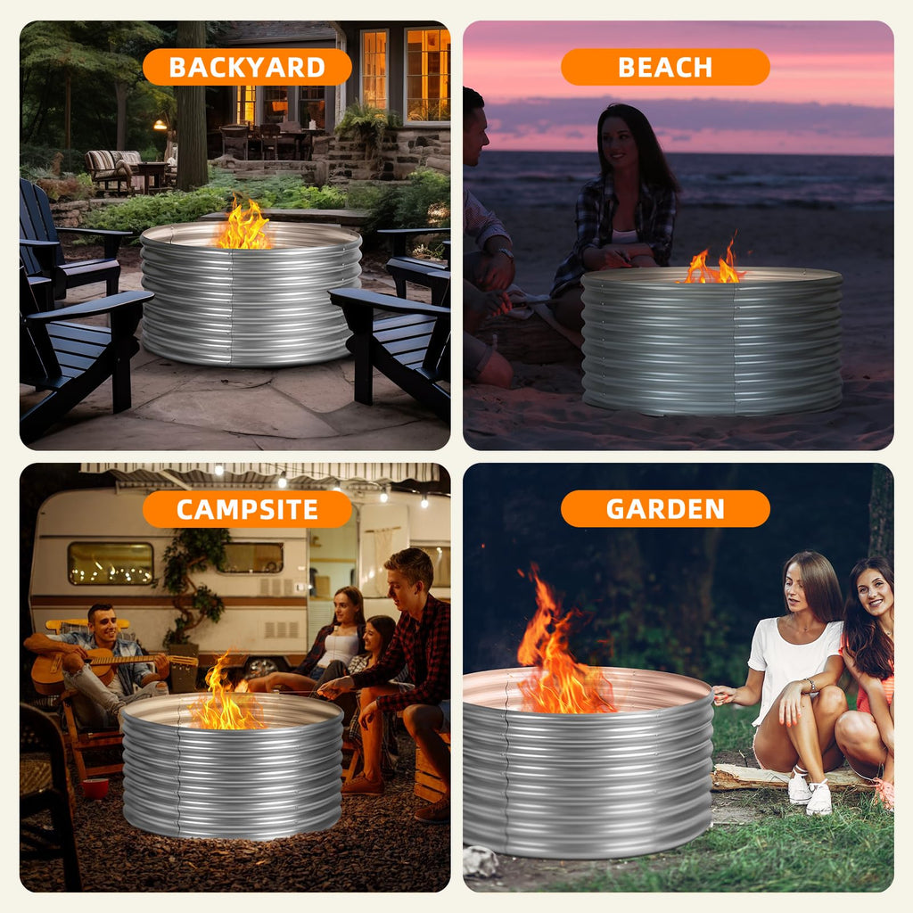 48 inch Fire Pit Ring, 4x4x2FT Galvanized Fire Ring, Wood Burning Fire Pits Ring, Outdoor Fireplace Height 2FT, Round