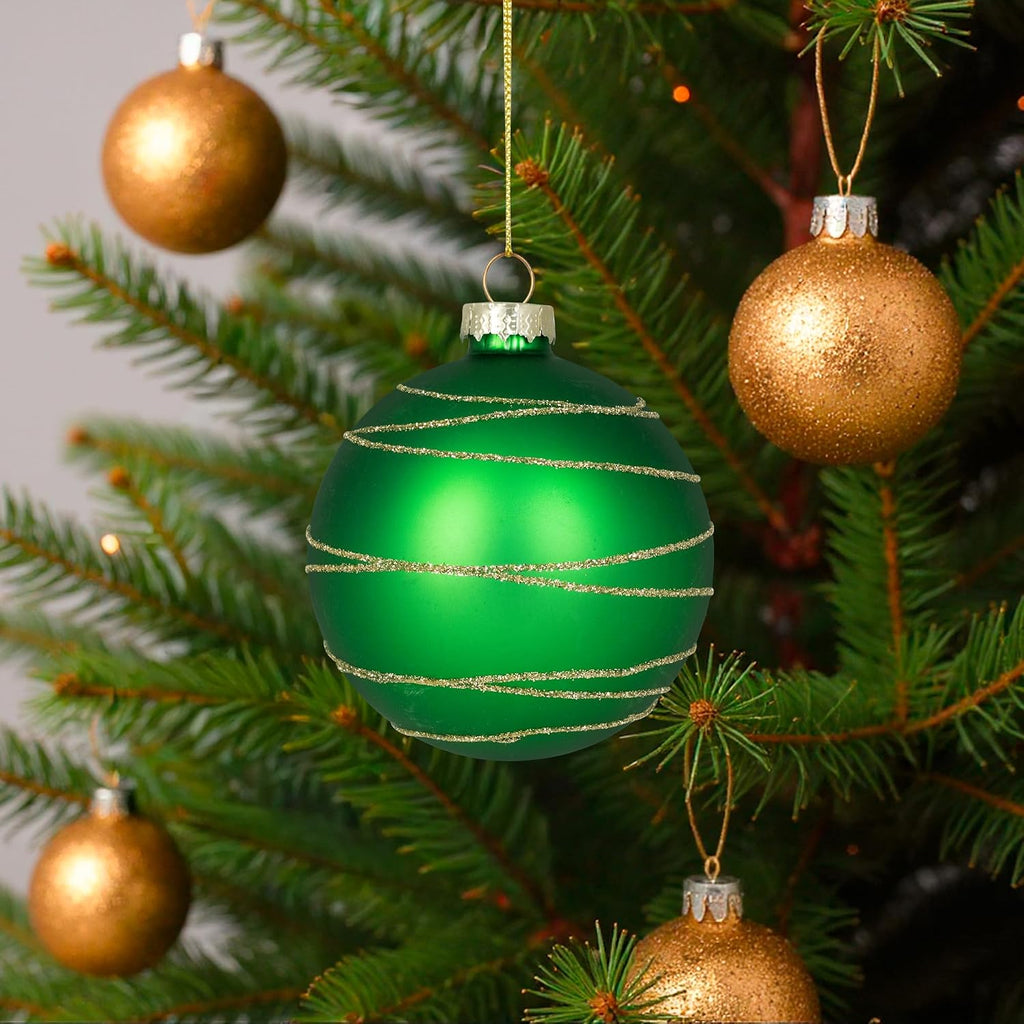 Glitter Golden Stripes Christmas Ornaments 3" Red Green 4ct