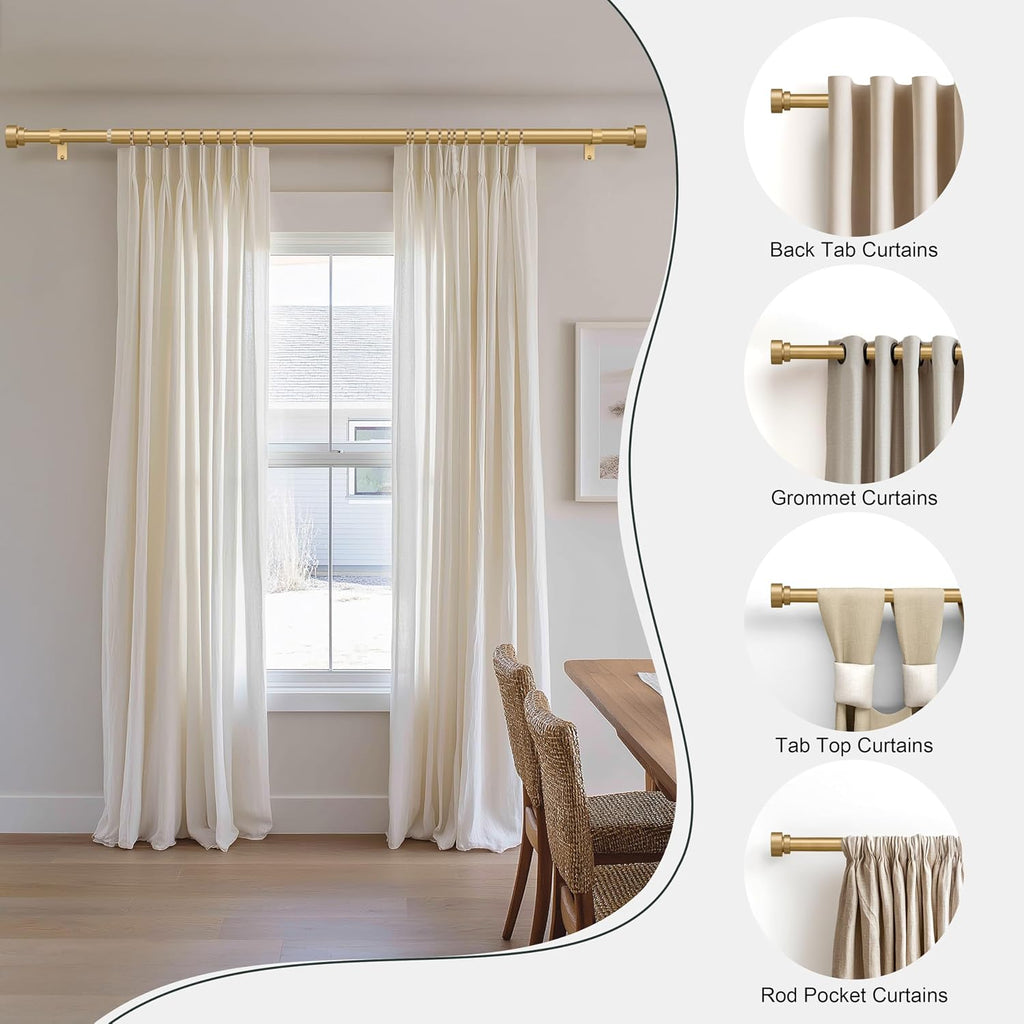Gold Heavy Duty Curtain Rods for Windows 48 to 84 Inches Adjustable Length 1" Diameter Curtain Rod with Modern - Set of 2