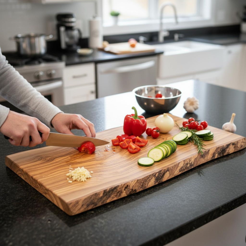 Live Edge Olive Wood Cutting Board 16"L X 7"W X 0.75"TH Rustic Large Wooden Charcuterie Board - Handmade Bread &