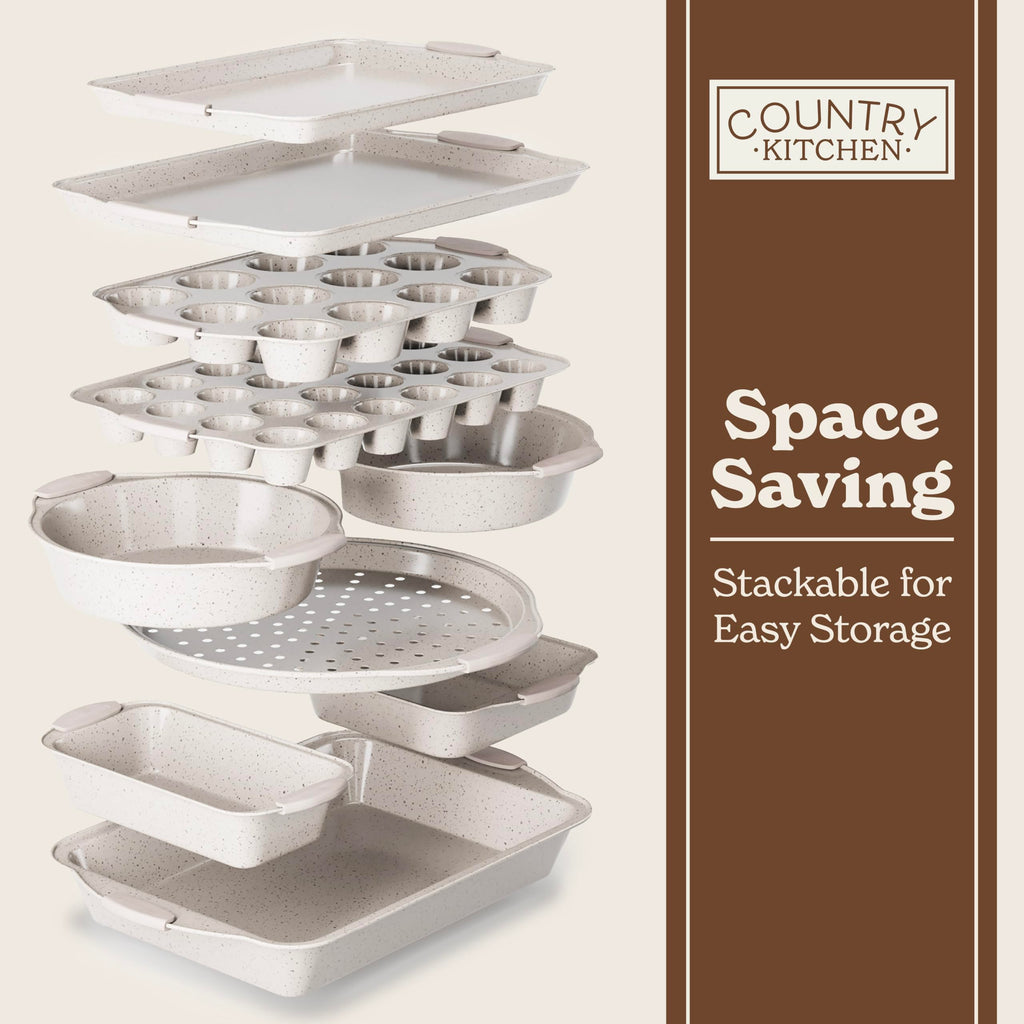 Nonstick Stackable Bakeware Set - Heavy Duty, Durable, Easy Release Baking Set, Cream, 10 Pcs