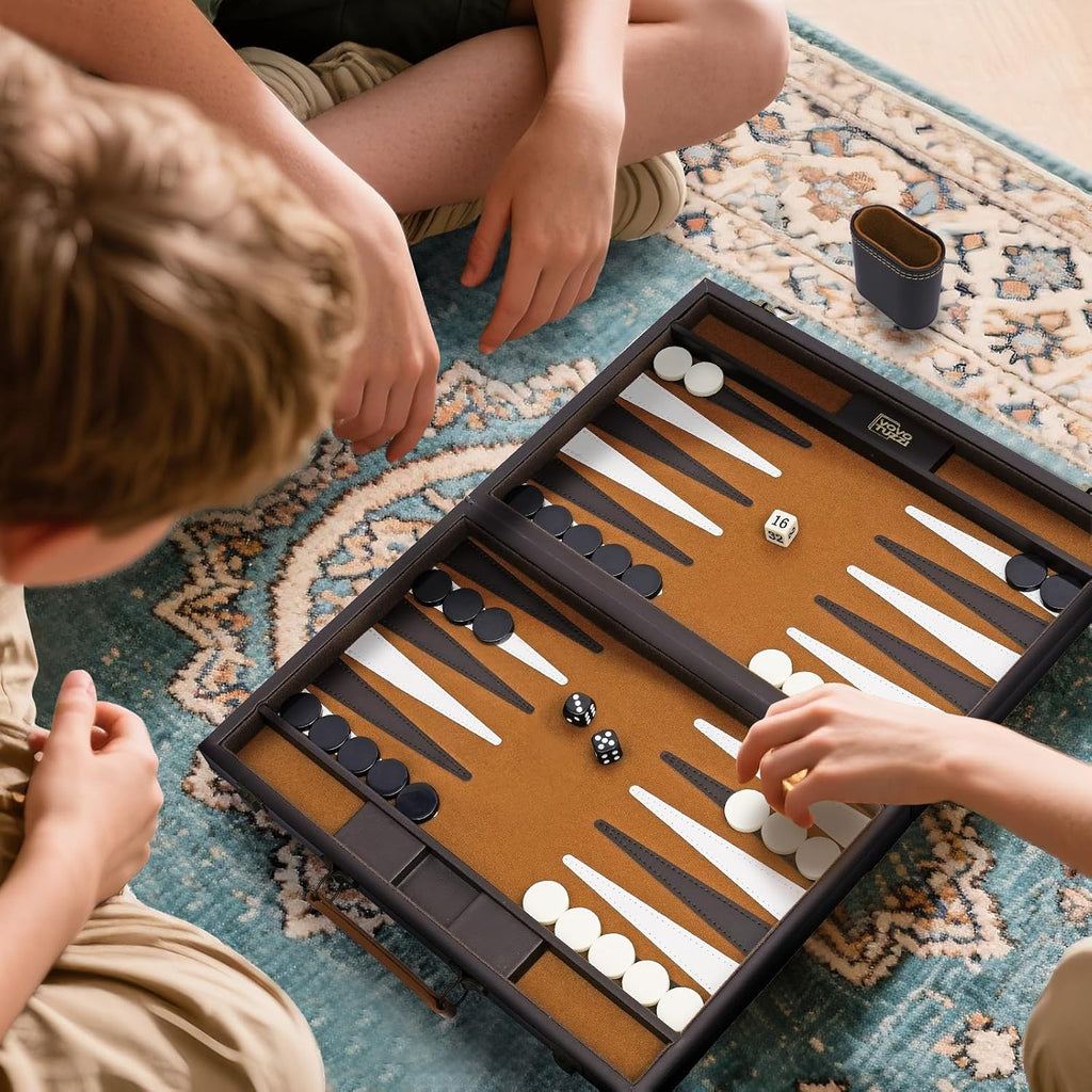 Backgammon Sets for Adults, 15 Inch PU Leather Backgammon Set, Portable Travel Backgammon Board Game, Classic - Set of 15