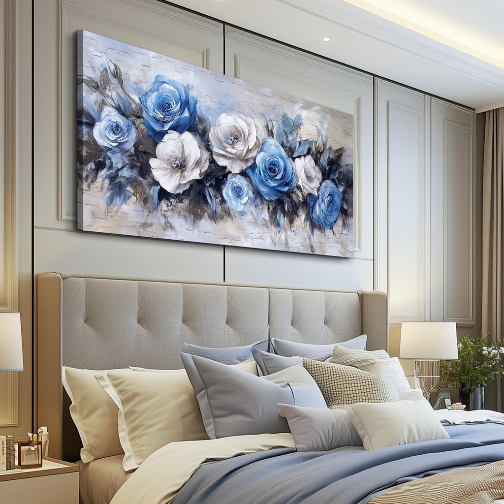 Flower Canvas Wall Art - Blue and White Wall Art -Elegant Flowers Wall Decor, Vintage Farmhouse Nature Flower