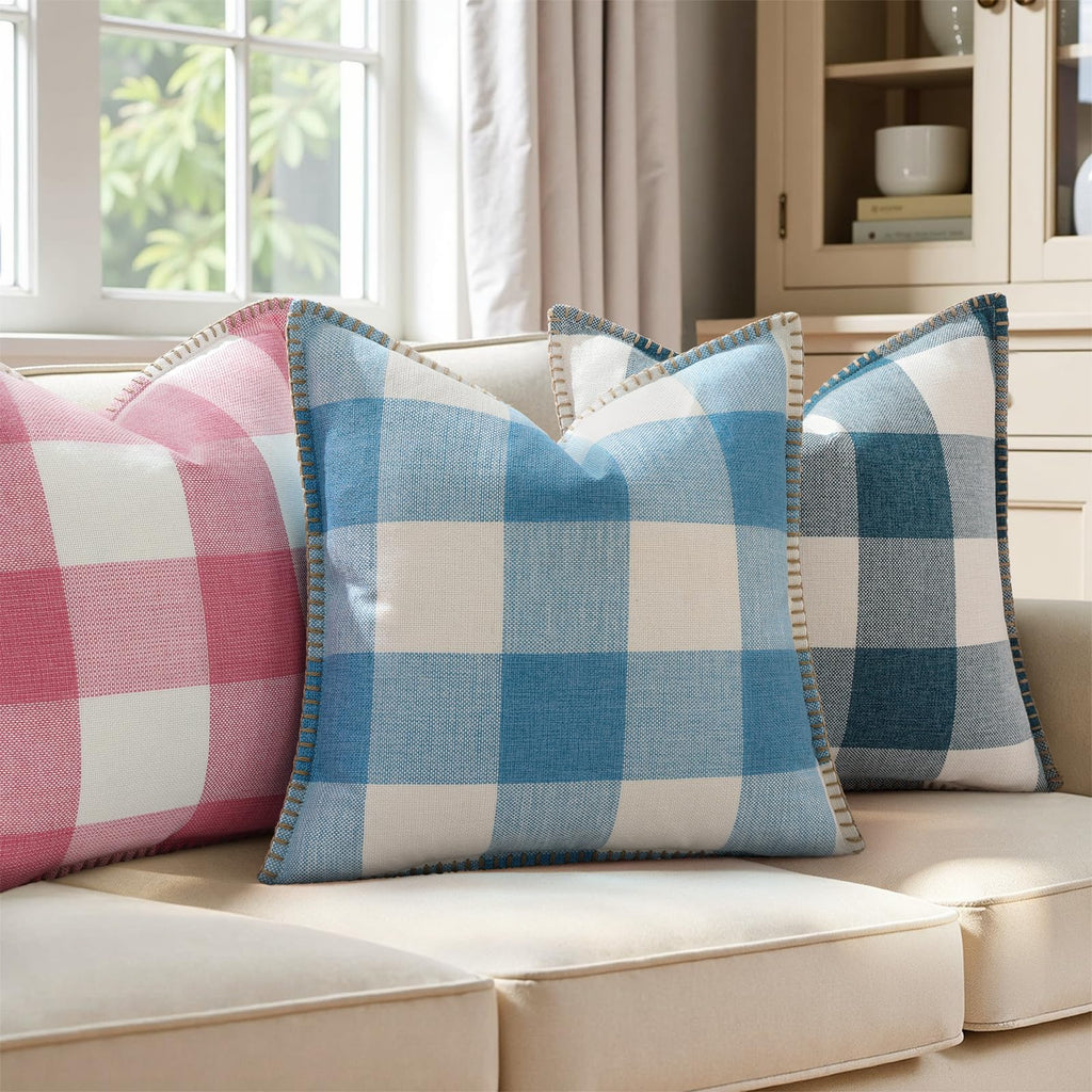 Fall Plaid Linen Throw Pillow Covers 22x22 Set of 2 Sky Blue