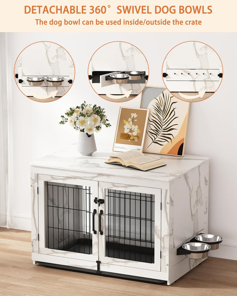 Wooden Dog Crate Furniture with 360°Rotatable Removable Dog Bowls, Dog Crate End Table with Tray, Double Doors Dog