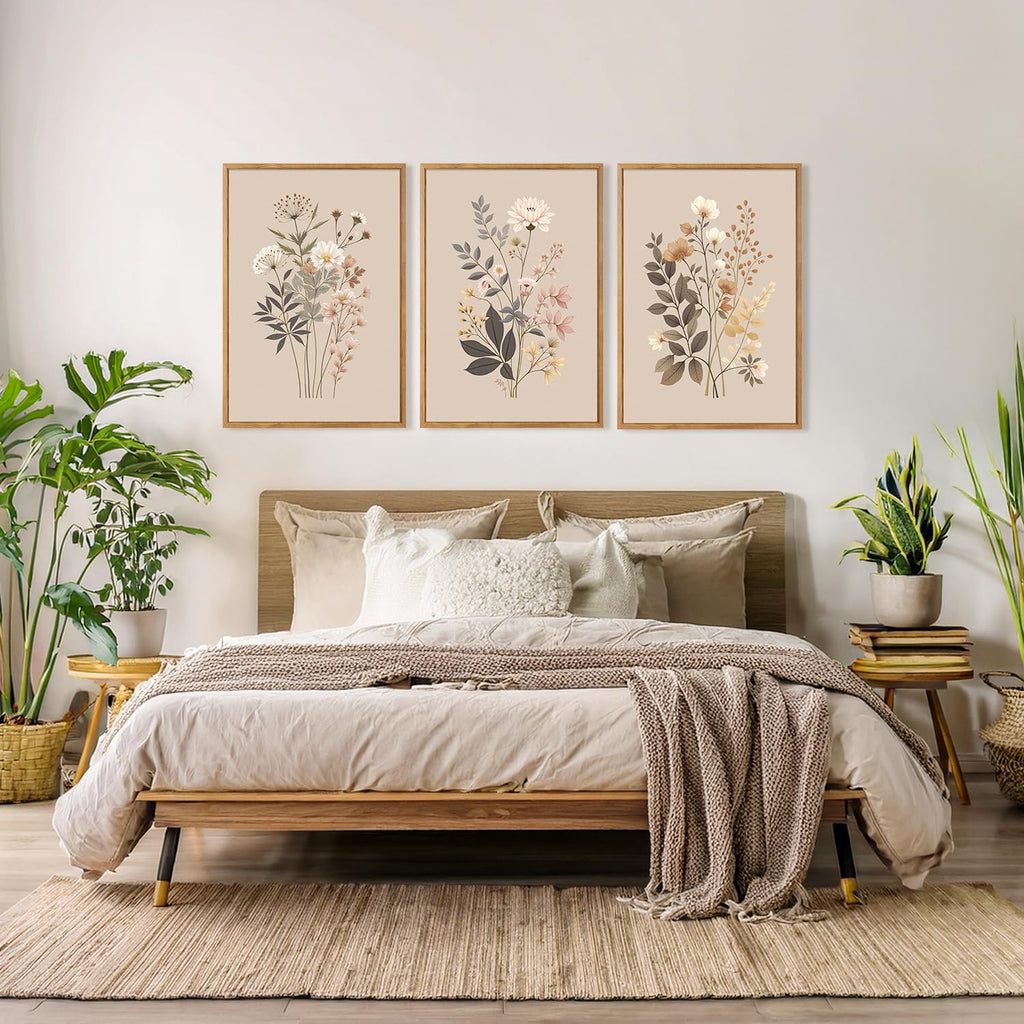 Botanical Flower Framed Canvas Wall Art Set Of 3, Modern Nature Wildflower Wall Decor, Rustic Floral Wall Painting