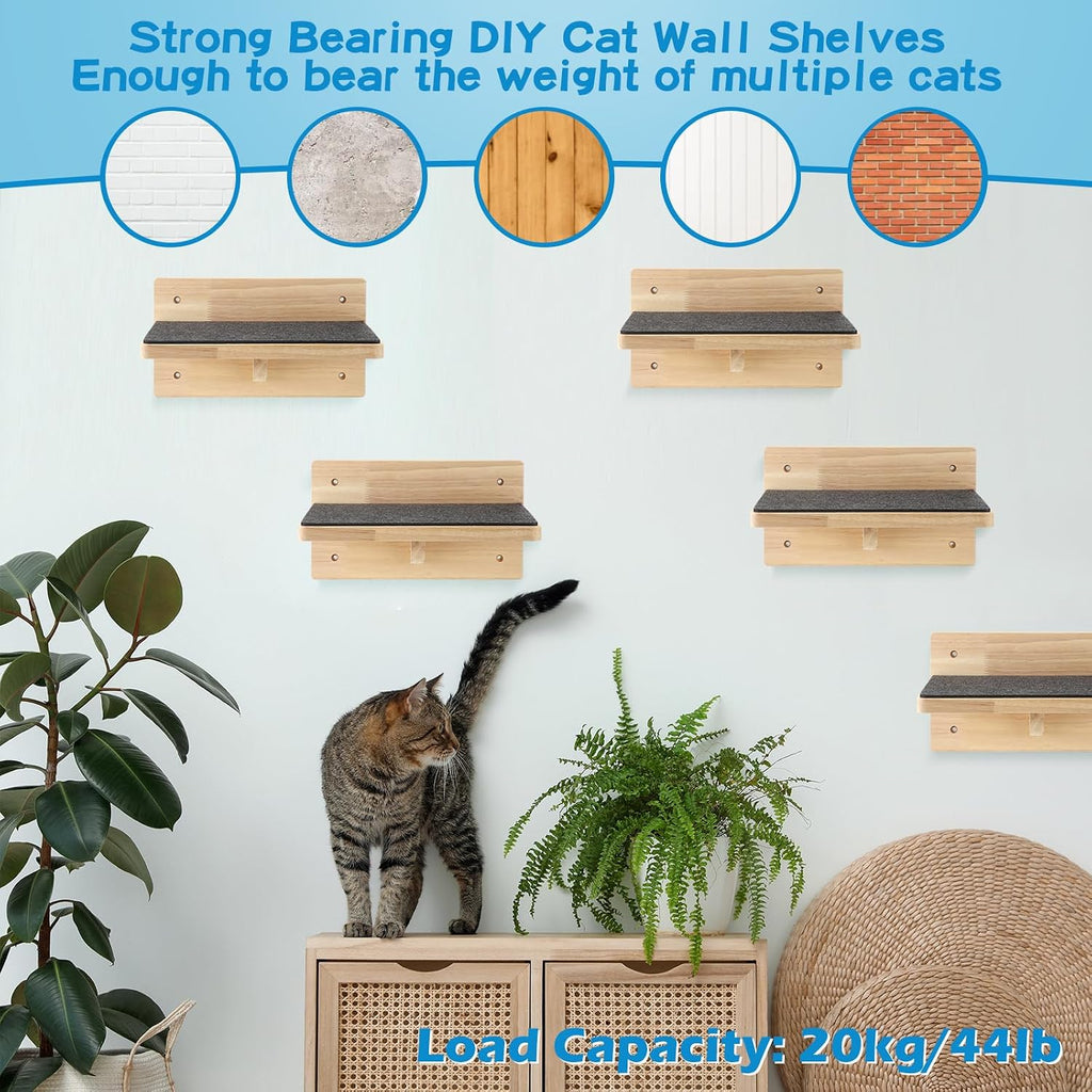 6 Set Cat Wall Shelves, Wood Cat Climbing Step, Wall Mounted, Classic