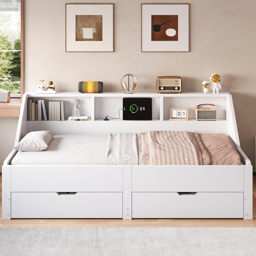 Wood Twin to King Daybed, Twin Size Day Bed with Pop Up Trundle & Storage Drawers, Modern Corner Bed Frame with