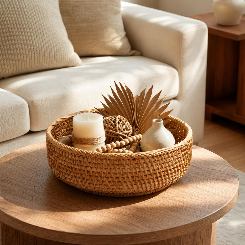10.6" Large Round Rattan Bread Fruit Basket - Wicker Storage Basket Serving Bowl, Decorative Tabletop Food Basket