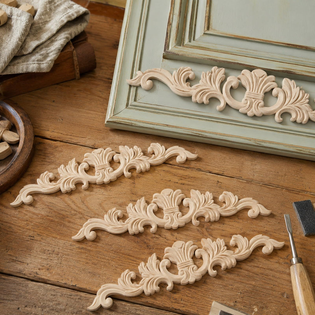 5pcs Unfinished Carved Wood Applique European French Wooden Onlay Trim Decorative Long Acanthus Leaf Medallion for