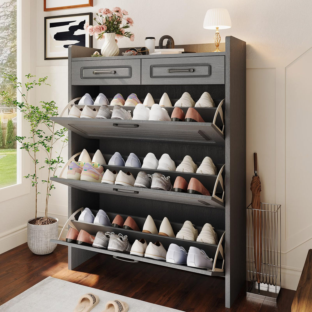 Shoe Cabinet with 3 Large Flip Drawer 2 Top Drawer Dark Grey