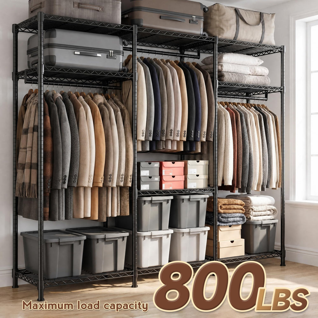 Clothes Rack, Heavy Duty Portable Closet with Cover, 3 Rods, 800LBS