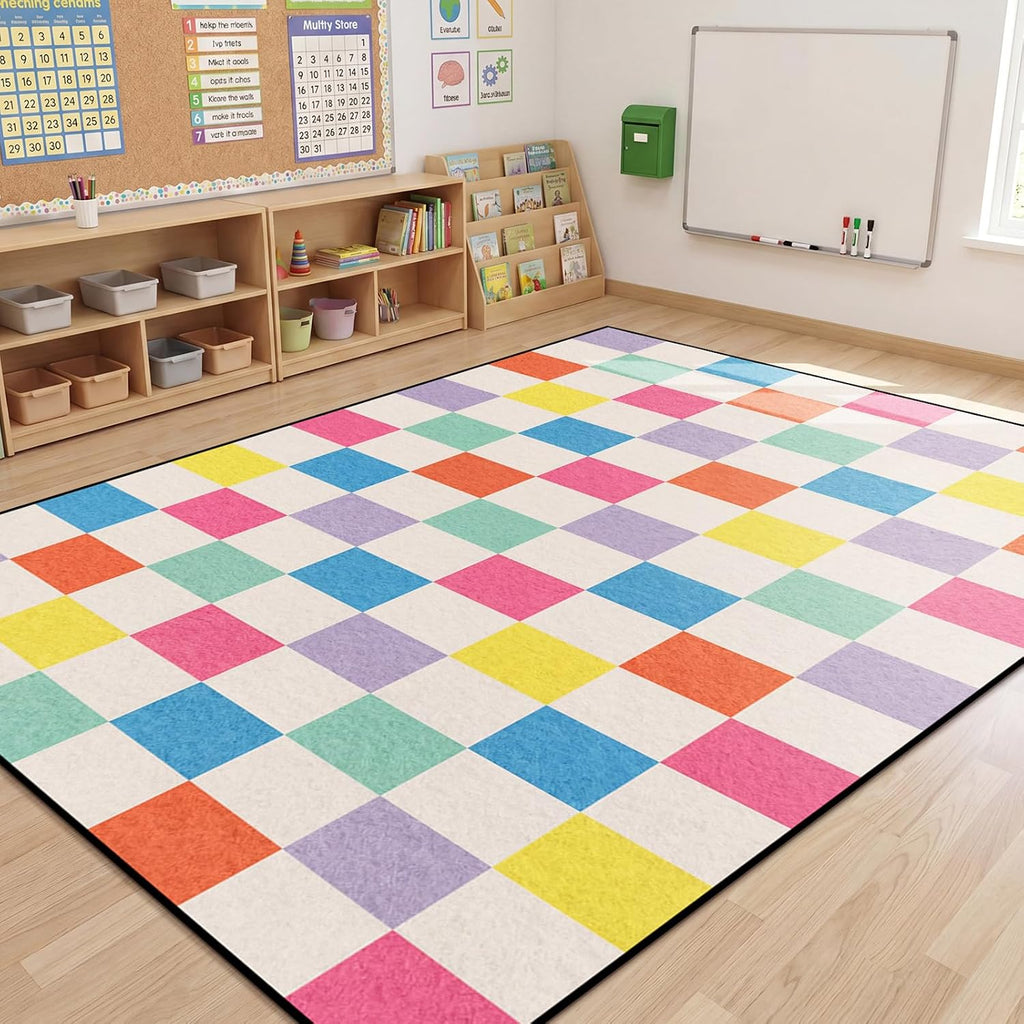 Colorful Checkered Classroom Rug 13'x7'5" Large Classroom Carpet