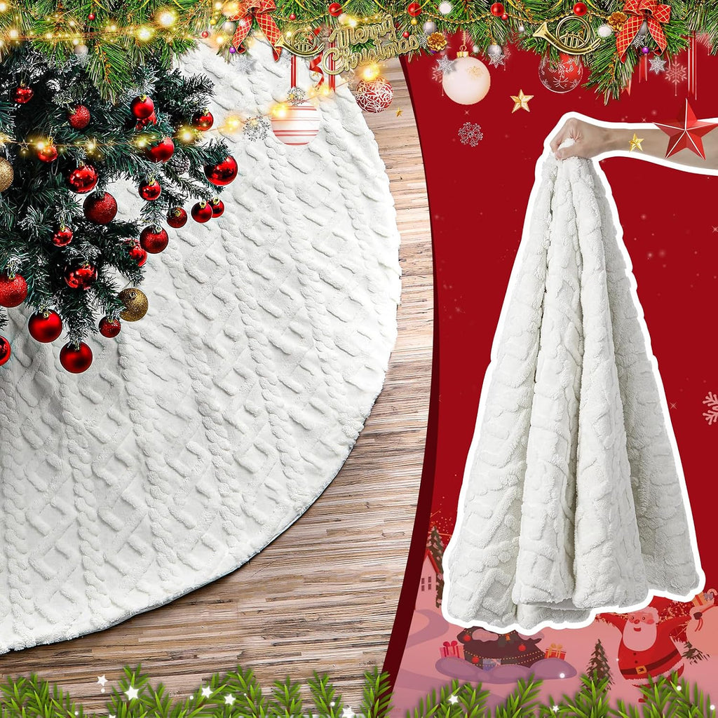 72 Inch Large Faux Fur Christmas Tree Skirt for 7.5ft to 12ft Tree Crossed Diamond Textured Pattern White Christmas