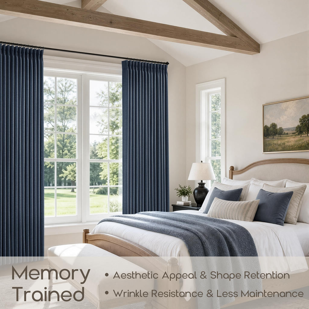120 Inch Dark Blue Pinch Pleat Linen Blend Light Filtering Curtains 2 Panel