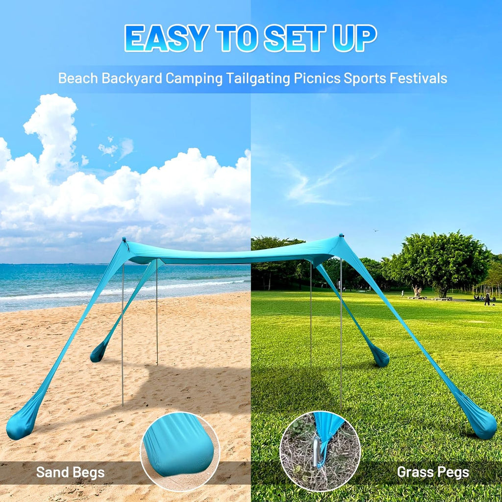 Family Beach Tent Canopy Sun Shade, Pop Up Grande Beach Tent Sun Shelter Stability 4 Poles with Portable Carry Bag