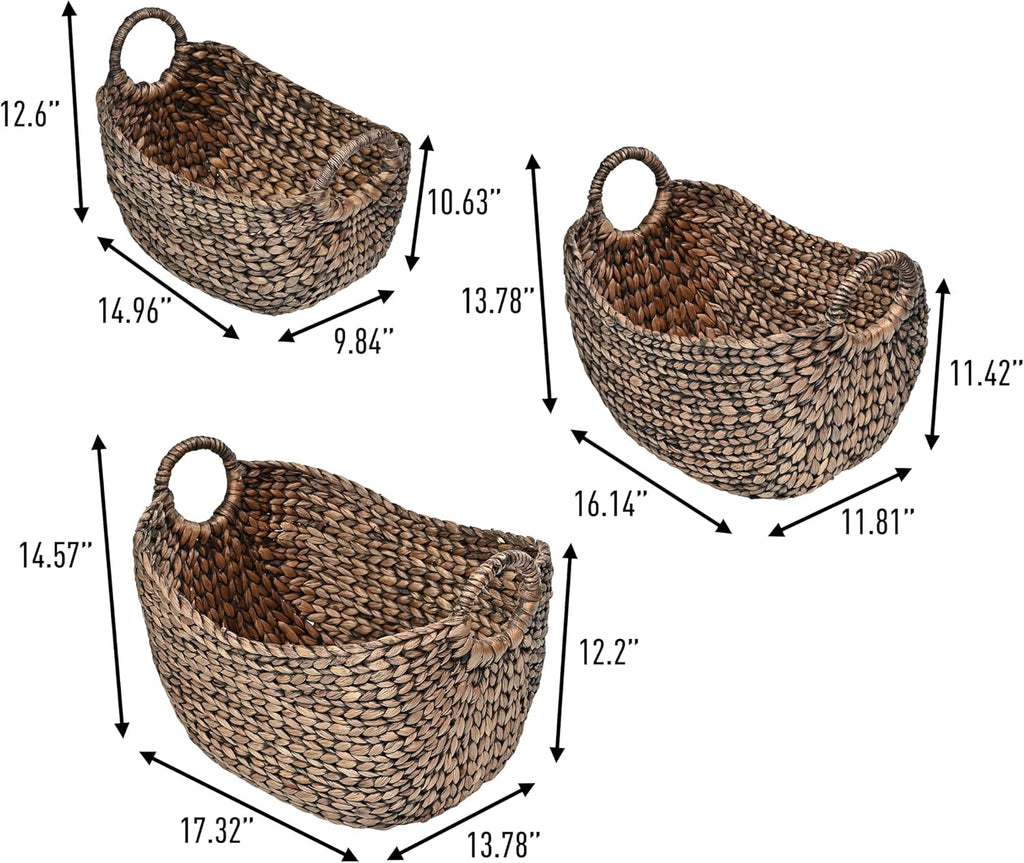 Nellie 3-Piece Hyacinth Boat Wicker Storage Baskets 17", Brown | Farmhouse Classic Handwoven Nesting Design