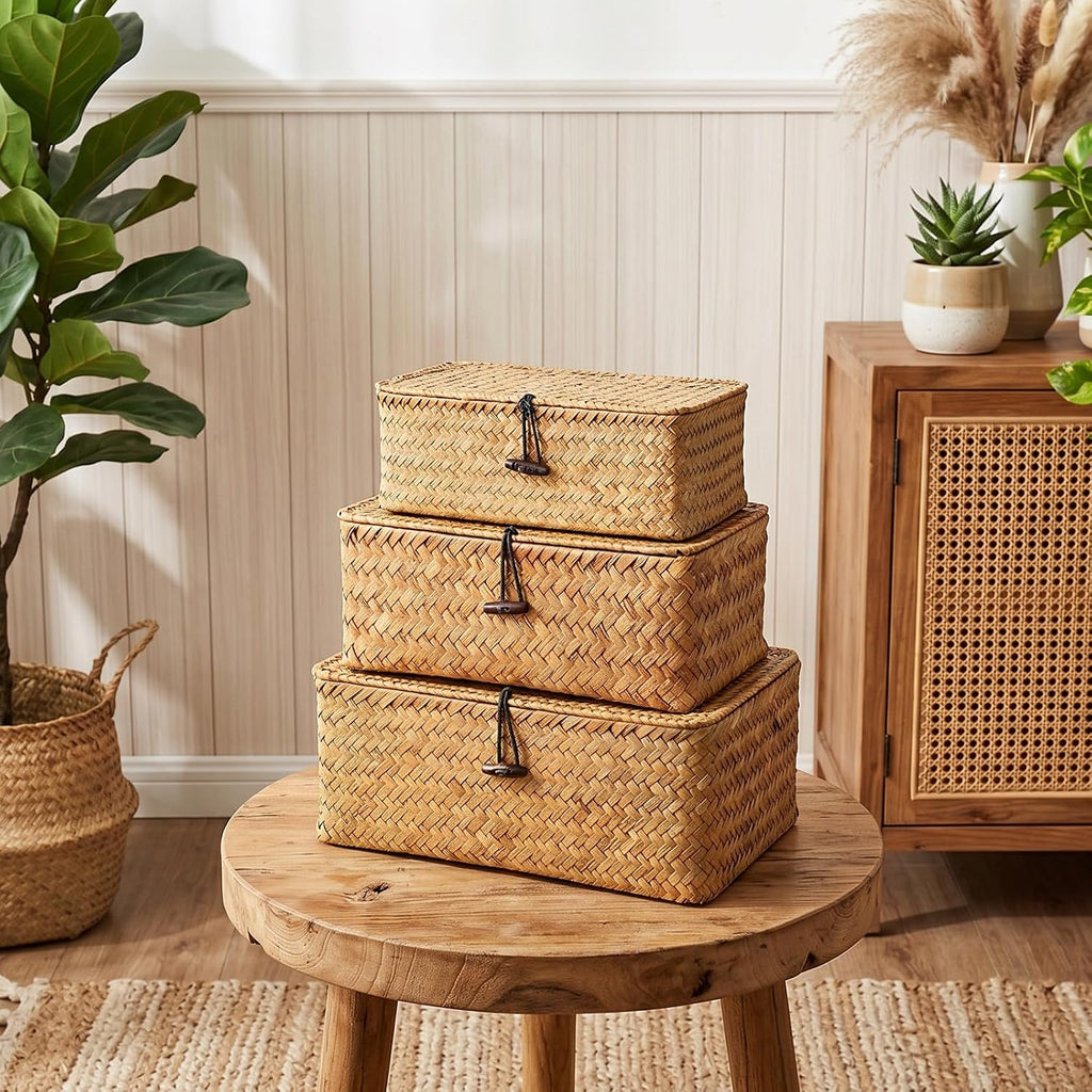 Wicker Basket With Lid Set of 3 Natural Seagrass Storage Bins Rectangular Woven Basket with Lid for Shelf Organizing