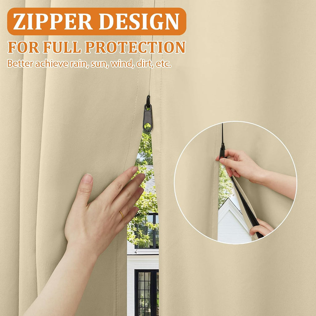 Outdoor Curtains Waterproof 2 Panels Blackout Curtains 84 inch Long with Zipper Top & Bottom Grommet Sun Blocking