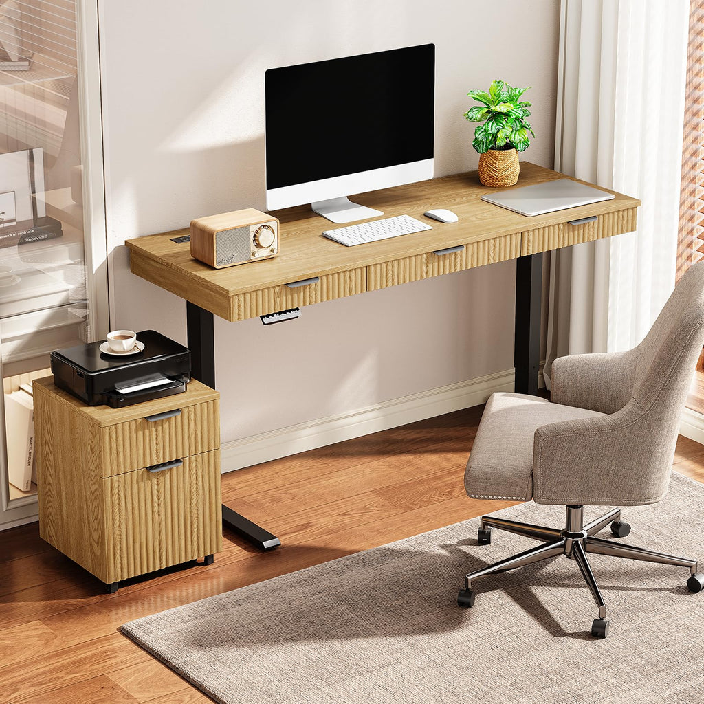 55" Electric Standing Desk with File Cabinet, Height Adjustable, Oak