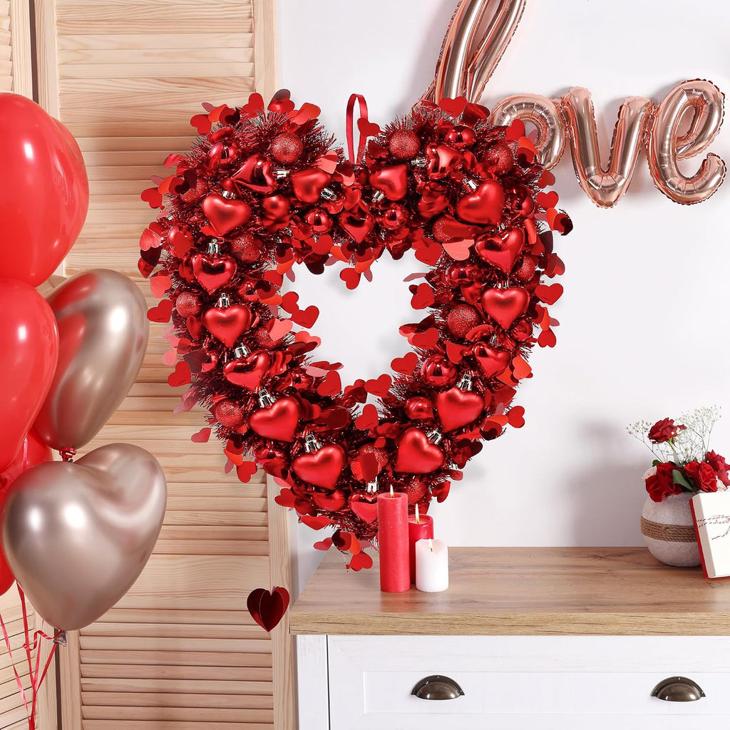 17.7" Heart Shaped Wreath Valentine's Day Red Heart Wreath for Front Door Wedding Party Anniversary Wall Decor Gift