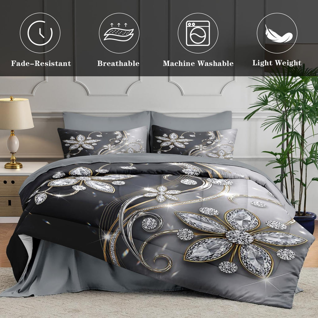 Full Comforter Set with Sheets, 7 Pieces Diamond Crystal Bedding