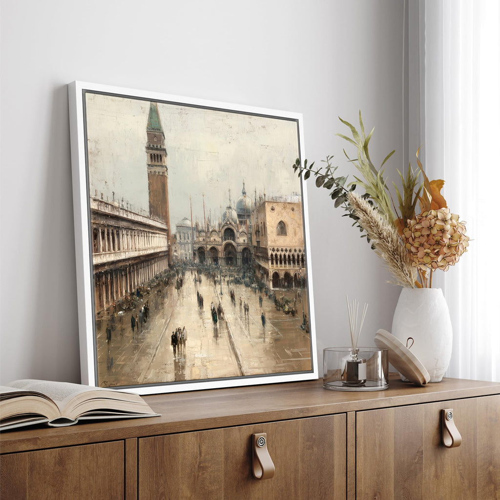 Framed Canvas Print Wall Classic European Cityscape Architecture Illustrations Modern Relax/Calm Warm - 24"x24" WHITE