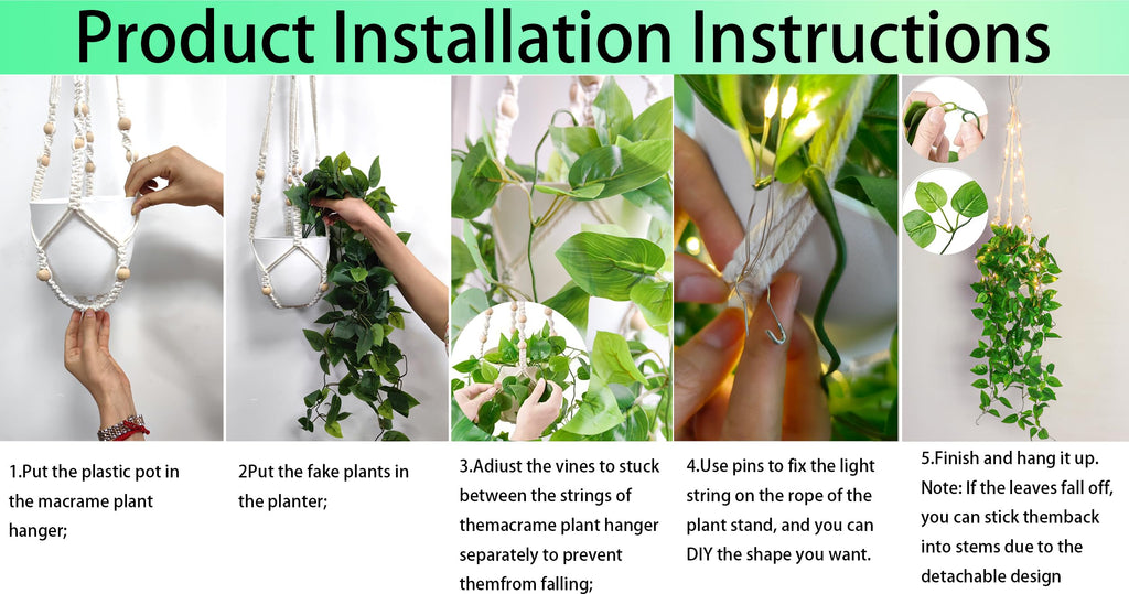 Fake Hanging Plants with Lights Artificial Plants Decor Macrame Plant Hanger with Fake Vines Faux Hanging Planter for