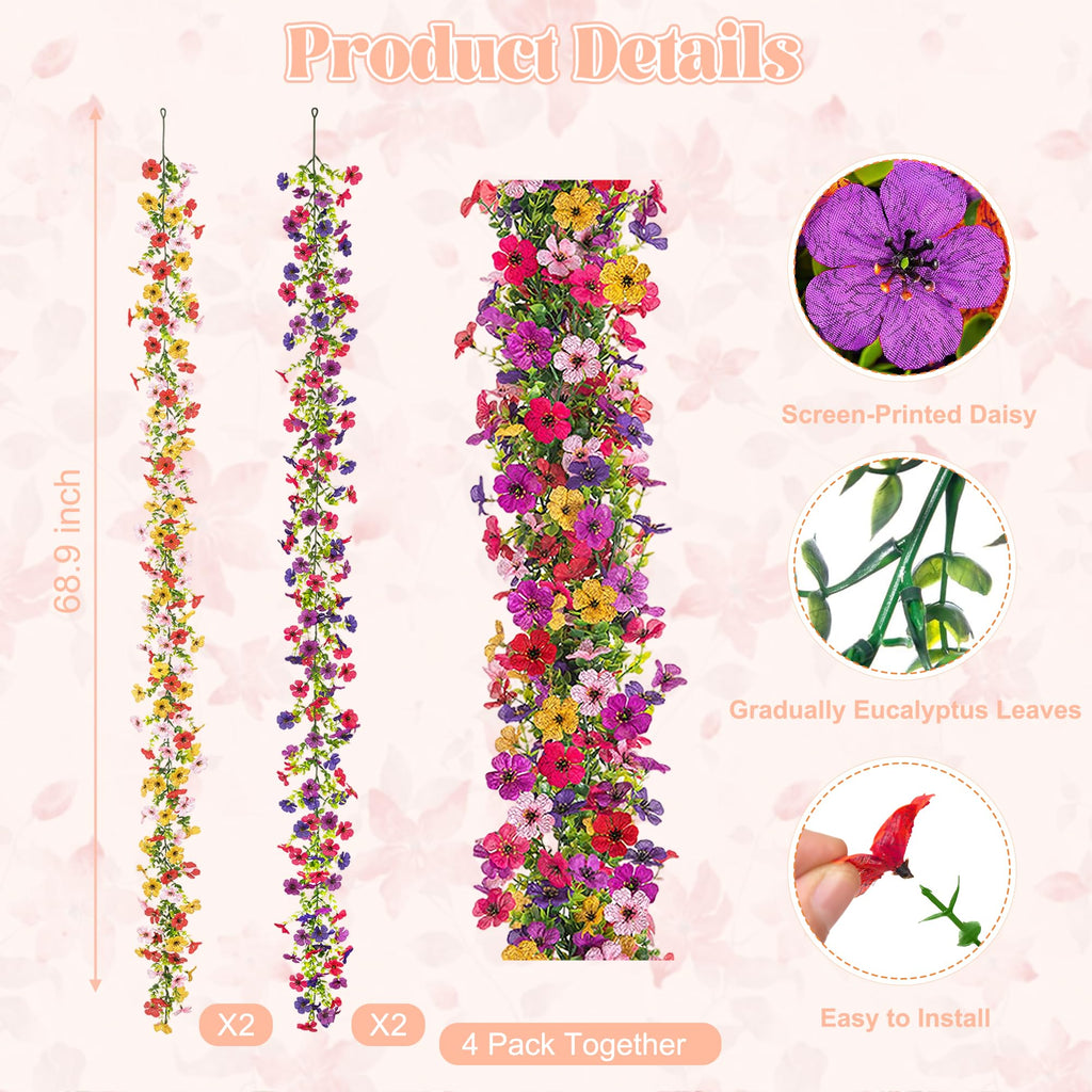 Artificial Flowers Garland Ivy, 4 Pack 5.9 FT Spring Summer Decor UV Resistant Fake Mums Floral Vine Silk Daisy