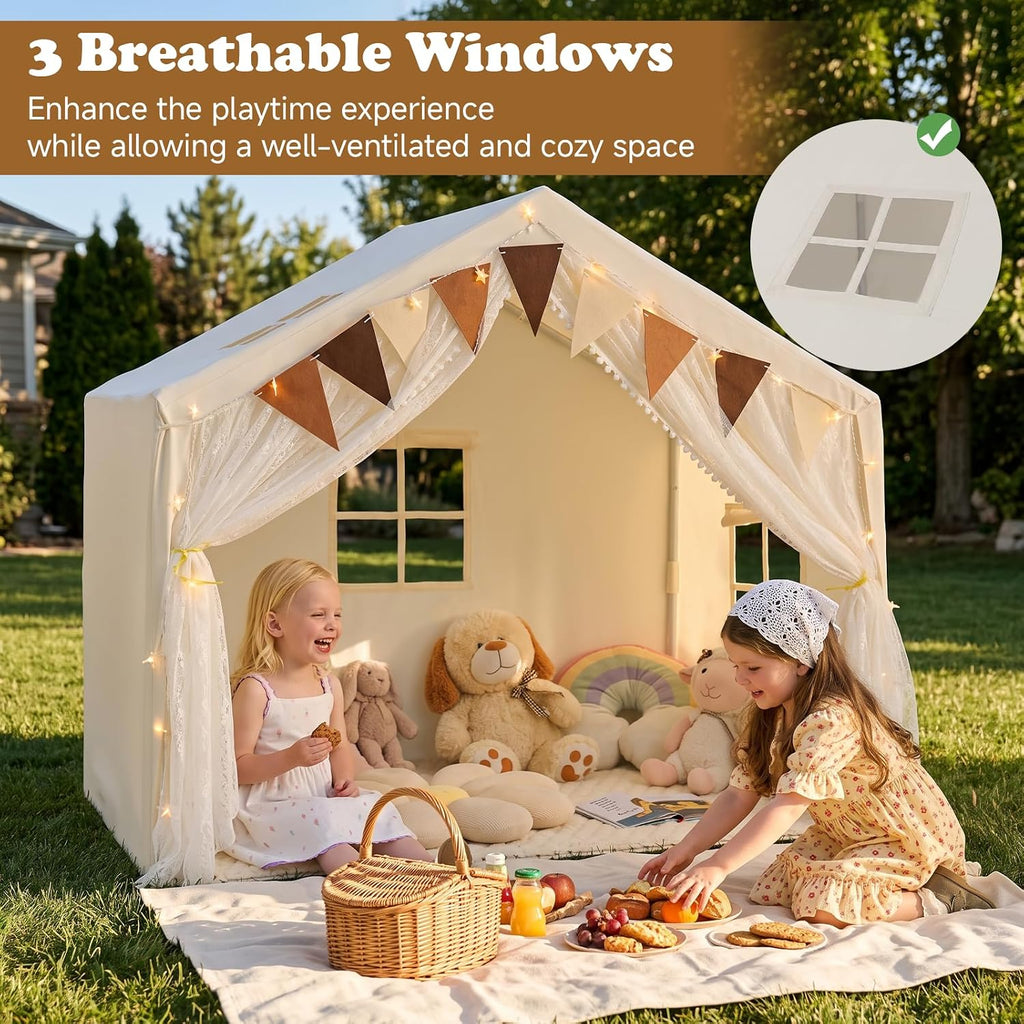 Kids Play Tent, Large Size Playhouse with Washable Cotton Mat Star Light Windows Plaid Pennants, 57.5" x 38" x 52.5"