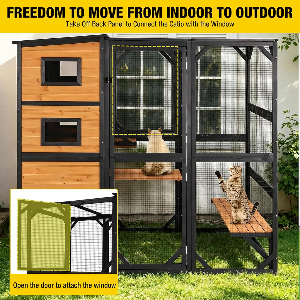 Catio Cat House Outdoor Kitty Enclosures 77" Large Cat Home with Run Cat Cage with Platforms Kitty Playpen, 4 Tiers